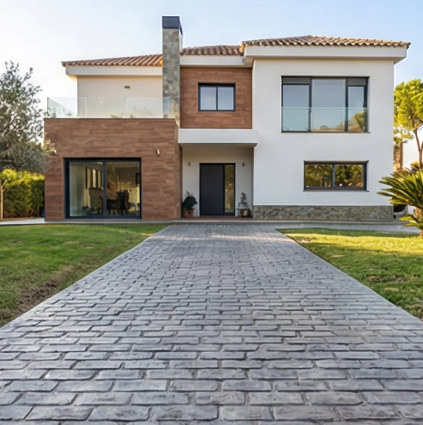 Camino de acceso con hormigón impreso tipo adoquín en vivienda moderna